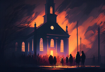 People going to church oil painting. Generative AI illustration