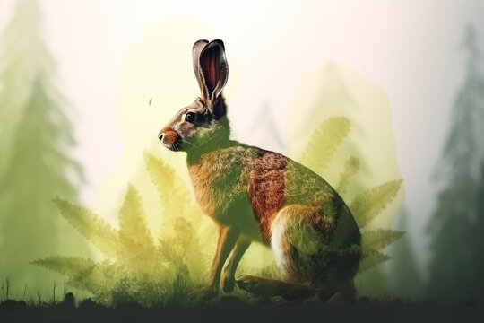 Rabbit or hare in nature double exposure. Generative AI illustration