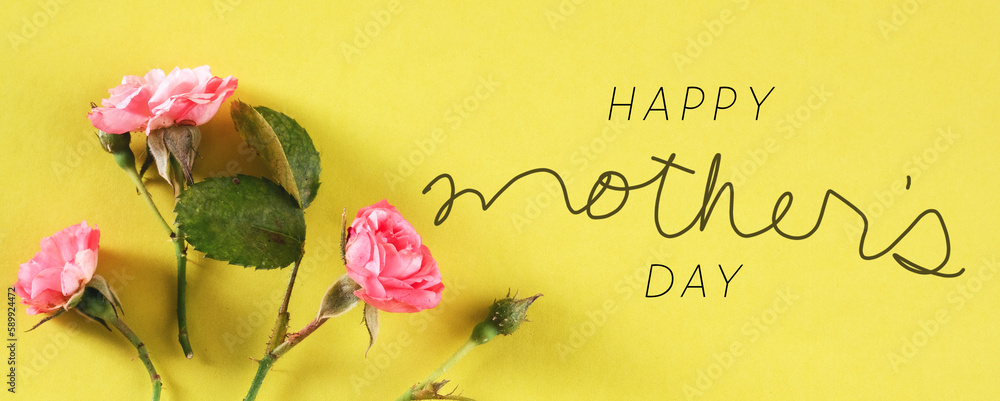 Poster happy mothers day banner with yellow cheerful background in holiday greeting.