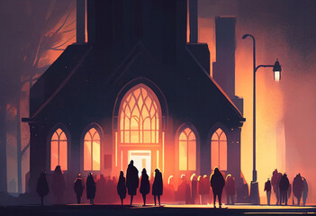 People going to church oil painting. Generative AI illustration