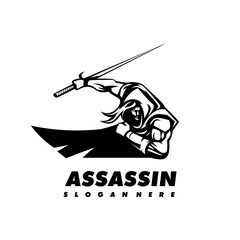 Assassin logo design vector. Ninja use sword in black and white
