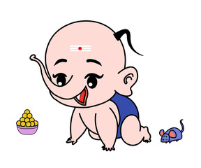 Happy baby lord ganesha with sweet or laddu and mouse on isolated background