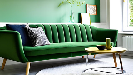 Luxury living room in house with modern interior design, green velvet sofa, coffee table, pouf, lamp, carpet, mock-up poster frame and elegant accessories - AI Generated