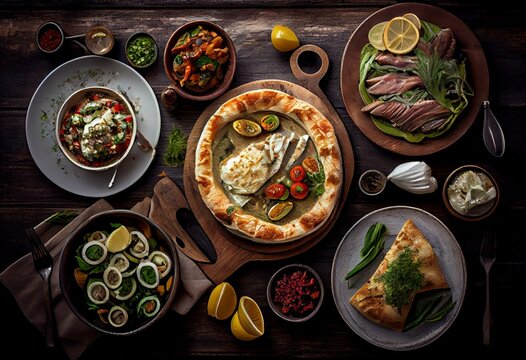 Top view of Greek cuisine including meze, tzatziki, fish, salad, dolma and pie on wooden background. Generative AI
