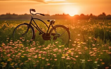 Fototapeta na wymiar Beautiful landscape image with Bicycle at sunset, Generative AI