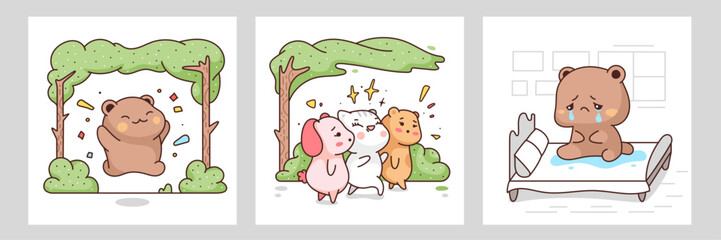 Vector flat illustration with bear and cat characters. The bear is in love with the cat girl, she flirts with others, the bear cries.