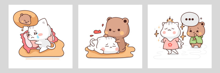 Vector flat illustration with bear and cat characters. Kitty thinks about the bear, the bear takes pity on kitty, then looks at kitty's cat with loving eyes.