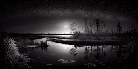 Captivating Night Sky Illuminates Serene Swamp with Dazzling Stars