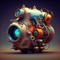 Abstract 3d rendering of an old steam engine on a dark background