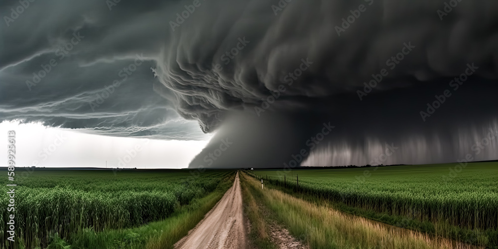 Poster a dramatic thunderstorm with swirling clouds and a tornado was unleashed, creating a sense of awe an