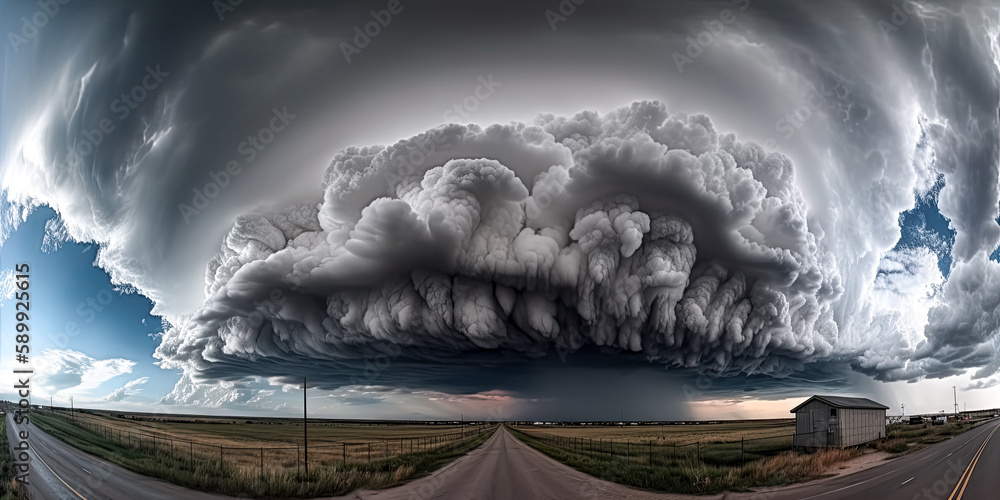 Poster a mysterious three-dimensional cloudscape of a crisis cyclone looms on the horizon - generative ai.