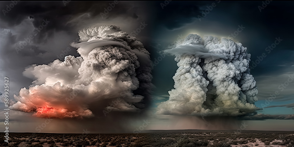 Poster a mysterious three-dimensional cloudscape of a crisis cyclone looms on the horizon - generative ai.