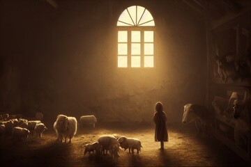 Shepherd Child Jesus: Finding Solace and Connection with Animals in a Rustic Barn Setting - obrazy, fototapety, plakaty