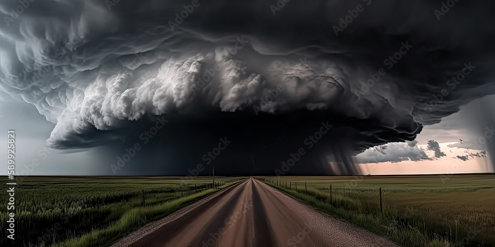 Poster a dark and threatening sky filled with powerful storm clouds, swirling winds and flashes of lightnin