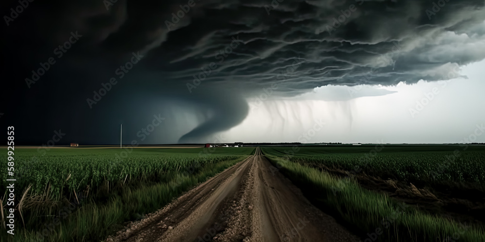 Poster a dramatic thunderstorm with swirling clouds and a powerful tornado was unleashed - generative ai.