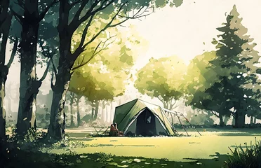 Fotobehang キャンプ イラスト 水彩画   Camping Illustration watercolor painting Generative AI © happy Wu 