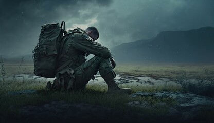 Soldier Kneels in Defeat, Hands on Ground - obrazy, fototapety, plakaty