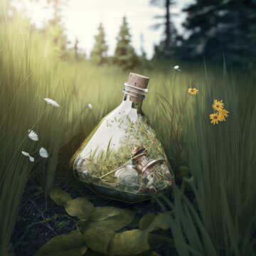 Erlenmeyer Flask Overgrown in Swedish Wilderness, Lying on Its Side in Surreal Abandonment