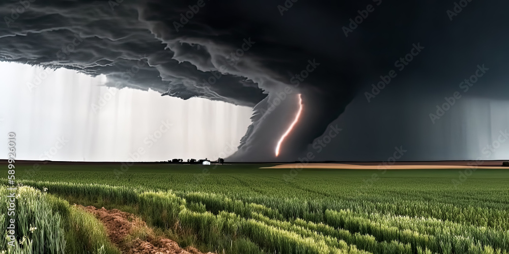 Poster a serene sky is disrupted by a powerful tornado, dark clouds gathering as thunder rumbles in the dis