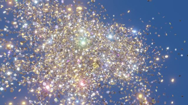 A 3D animation of small, glittering, metallic particles flying wildly through the image.