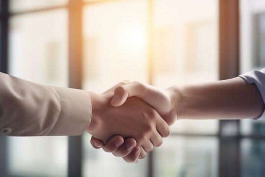 Two hands shaking hands in a light airy office space blurred in the background