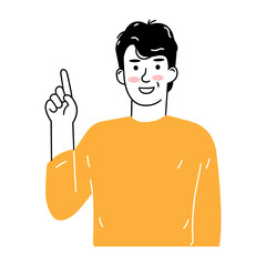 Man vector illustration making hand gestures pointing up. first winner. Finger pointing to think of something. Hand drawn style vector design illustration, outline, linear, thin line, doodle art.