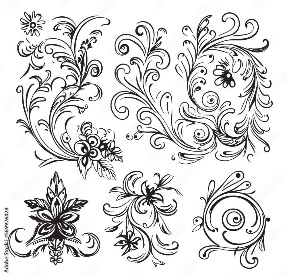 Poster Floral decorative elements hand drawn sketch in doodle style illustration