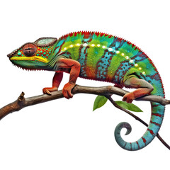 Green and red colored chameleon lizard reptile animal full body close up on branch. isolated. Generative AI.