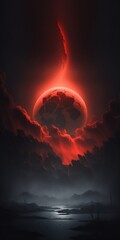 Minimalistic Red Moon in a Dark Glacial Fog: A Godly and Mysterious Sight - obrazy, fototapety, plakaty