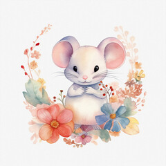 Cute baby mouse, pastel colors, flowers, watercolor illustration
