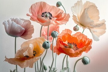 Several Colorfast Poppies: Large and Delicate Blooms on a Light Background