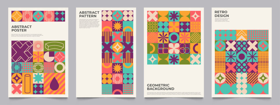 Geometric retro shapes posters. Abstract bauhaus retro design flyers for ads and presentation, minimal avantgarde shapes. Vector collection