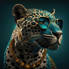 Jaguar with Gold and Teal Sunglasses: A Cool Feline