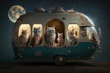A Caravan Full of Cats: A Whimsical Feline Adventure - obrazy, fototapety, plakaty