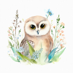 Obraz premium Cute baby owl in grass flower, pastel colors, flowers, watercolor illustration