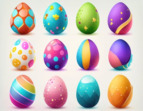 Colorful Easter Eggs on a White Background in a Playful Cartoon Style
