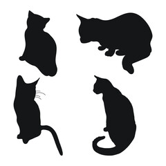 Silhouette of sitting cats in different positions, hand drawn pack of pet shapes and figures, isolated vector
