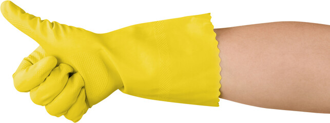 Hand in a yellow glove showing thumb up isolated on white background
