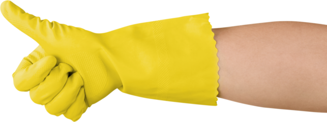 Hand in a yellow glove showing thumb up isolated on white background