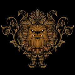 Illustration of Bulldog head with vintage engraving ornament in back perfect for your merchandise and T shirt