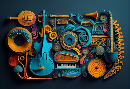 A bright contemporary art collage of musical instruments representing the lifestyle, creativity, inspiration and imagination of music. Ad. Generative AI