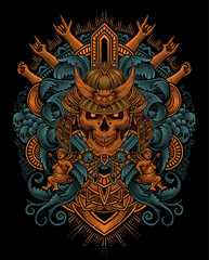 Fototapeta premium Vector illustration. scary samurai head skull with vintage engraving ornament style perfect for your business and T shirt merchandise