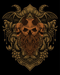 Illustration of viking skull head with vintage engraving ornament in back perfect for your business and Merchandise