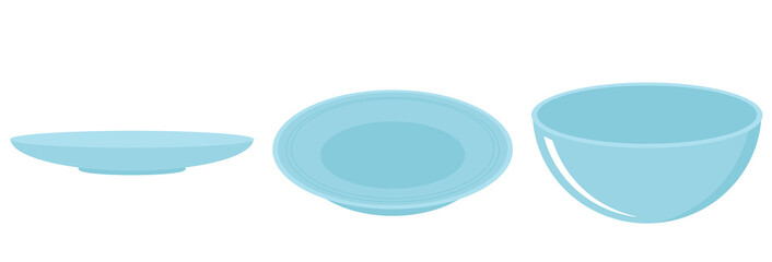 Empty plate and bowls isolated on white background vector illustration. - obrazy, fototapety, plakaty