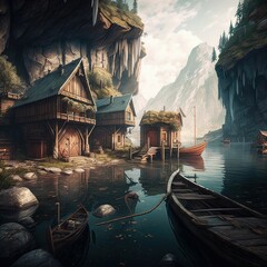 Dwarven Fishing Village on a Lake: A Serene and Picturesque Haven for Anglers and Adventurers Alike - obrazy, fototapety, plakaty