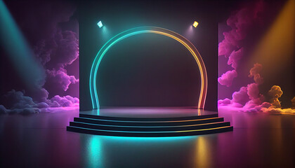 Neon empty stage with smoke and spot light. stage background  Ai generated image
