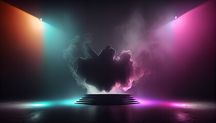 Fototapeta premium Neon empty stage with smoke and spot light. stage background Ai generated image