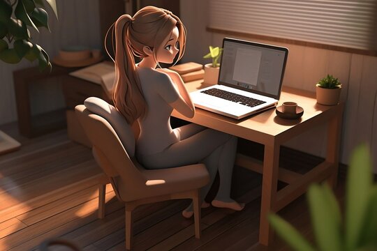 Online Businesswoman. Cartoon Illustration of a Woman Working on a Laptop