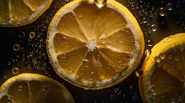 lemon slice in water, fresh fruit, water drops, generative ai