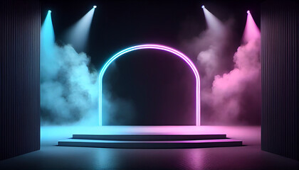 Fototapeta na wymiar Neon empty stage with smoke and spot light. stage background Ai generated image